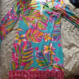 Lilly Pulitzer Turquoise Pink Yellow Green Floral Long-Sleeve Shift Dress